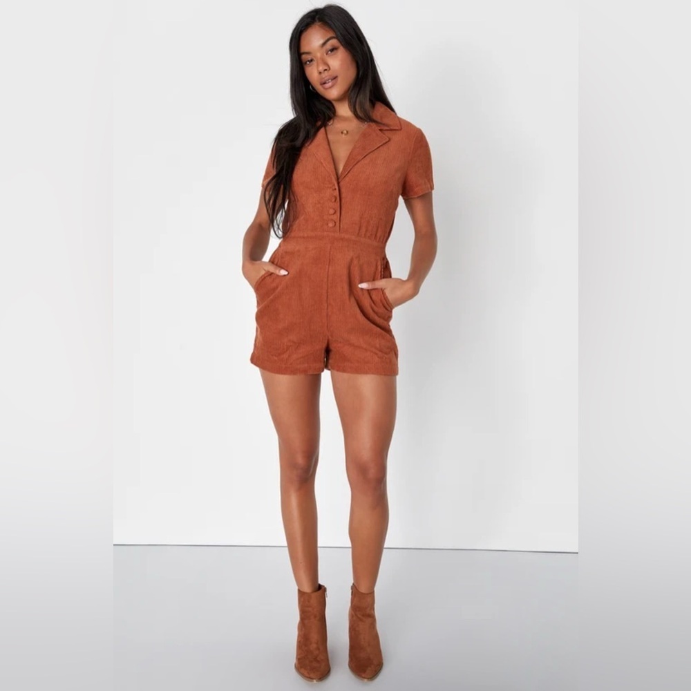 Lulu’s Playful Personality Rust Brown Corduroy Short Sleeve Romper Size L